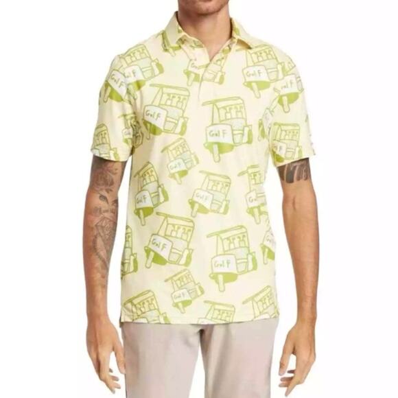 SOSIK Golf Cart Print Polo Shirt Men’s Small Yellow Funny Golf Tee - Picture 3 of 10